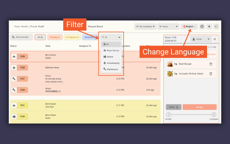 filter and changing language